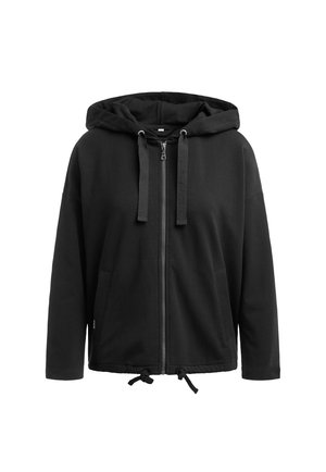 Black zip-up hoodie with drawstrings on hood and hem, front pockets, and long sleeves, displayed on a plain white background.