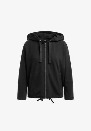Black zip-up hoodie with drawstrings on hood and hem, front pockets, and long sleeves, displayed on a plain white background.