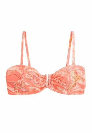 Korallenpinker Bikini-Oberteil mit dünnen, verstellbaren Trägern, tropischem Blumen- und Vogelstickerei sowie gerafftem Mittelteil mit kleiner Metallklammer.
