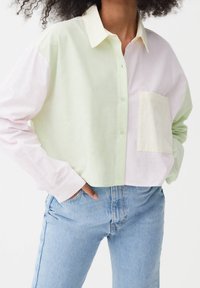 Camicia button-up tagliata in cotone verde chiaro e rosa. Caratterizzata da un colletto a punta e una tasca sul lato sinistro. Vestibilità casual.
