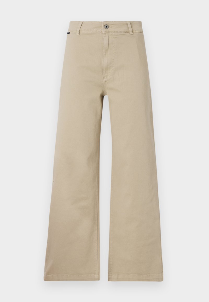 Beige weite Hosen aus Baumwolle. Mit Knopfverschluss, Gürtelschlaufen und Seitentaschen. Glatte, robuste Textur mit klassischem Design.