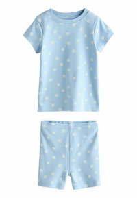 Ensemble composé d'une chemise à manches courtes bleu clair et d'un short assorti à pois blancs, conçu pour les enfants.