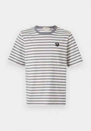 Striped t-shirt in gray and cream, short sleeves, round neck, features a small black flower emblem on the chest. Cotton blend material.