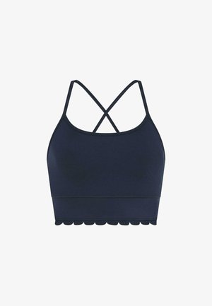 Marineblauwe sportbeha met golvende zoom, gemaakt van rekbare stof, met gekruiste bandjes en een naadloos ontwerp voor comfort.