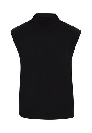 Čierny bezrukávový top s vysokým okrajom, vyrobený z hladkého textilu. Má priliehavý lem a minimalistický dizajn bez vzorov alebo akcentov.