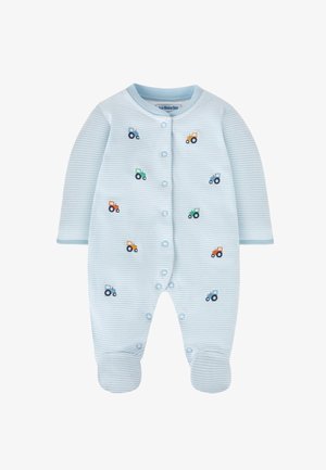Svetlomodrý pruhovaný detský overal so zapínaním na cvoky, nožičkami a vyšívanými farebnými motívmi traktorov po celom materiáli.