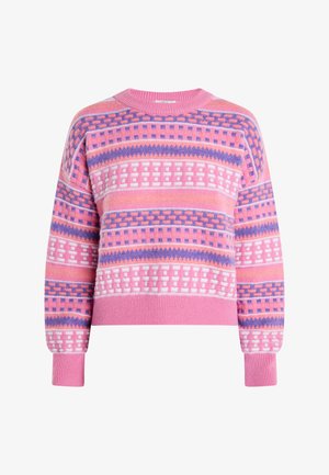 Roosa kudum, millel on geometriline muster lilla ja valgete detailidega. Soonikuga varrukad ja äär, ümmargune kaelus, pehme tekstuur.