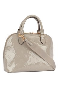 Borsa handbag beige lucida con motivo floreale e lettera J a rilievo, due manici corti, una tracolla beige rimovibile e accessori in tonalità oro.