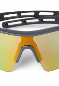 Sport sunglasses with a gray frame and orange mirrored lenses. Features a wraparound design with cut-out accents for ventilation.