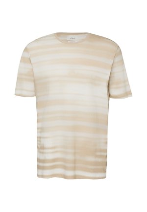 Beige-weiß gestreiftes T-Shirt mit kurzen Ärmeln und rundem Ausschnitt.