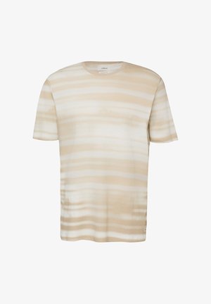 Beige-weiß gestreiftes T-Shirt mit kurzen Ärmeln und rundem Ausschnitt.