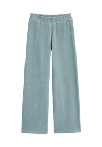 Gai zila korduroja platā kāju bikses ar teksturētu ribotu rakstu un elastīgu jostu komfortam. Redzami nav citi detalizējumi vai piederumi.