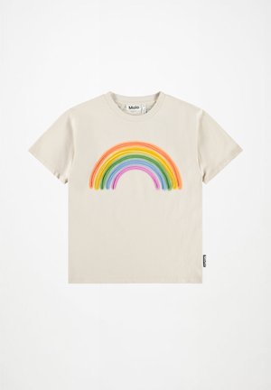 Beige bomull t-skjorte med et flerfarget brodert regnbue-design i midten. Merket synlig på venstre side. Korte ermer, rund hals.