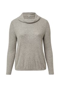 Hellgrauer Strickpullover mit einem dezenten Karomuster, langen Ärmeln und einem lässigen Schalkragen.