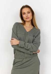 Grijze zip-up jack met een V-hals, twee voorkruiken, elastische tailleband en manchetten. Gladde textuur en klassiek ontwerp.