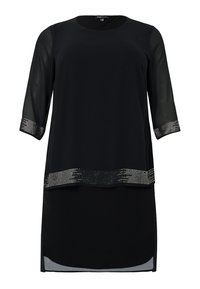 Schwarzes Tunika-Kleid mit dreiviertellangen, durchsichtigen Ärmeln, das einen schimmernden Akzentstreifen am Saum und einen glatten Stoff hat.