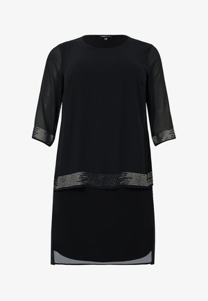 Zwarte tuniekjurk met driekwart doorzichtige mouwen, voorzien van een glanzende accentstrip aan de zoom en een soepel stof overal.