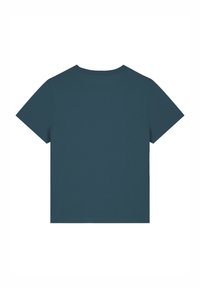 Türkisfarbenes kurzärmliges T-Shirt aus weichem Material. Rundhalsausschnitt mit schlichtem Rücken und gerader Saumlinie. Ohne Muster oder Grafiken.