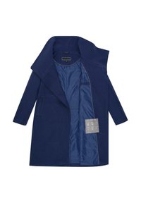 Manteau en laine navy avec un large col, de grandes poches avant et une doublure intérieure lisse. Comprend des instructions d'entretien attachées à l'intérieur.