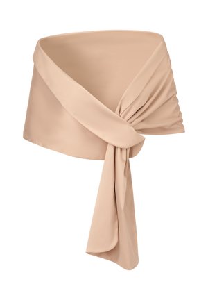 Beiges Satin-Crop-Top mit schulterfreiem Ausschnitt, einer drapierten Knotendetail und einem langen Stoffband, das vorne herunterhängt.