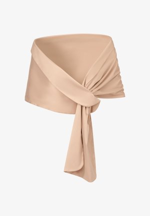 Beige satin off-shoulder crop top with a draped knot detail and long fabric tie hanging down the front.