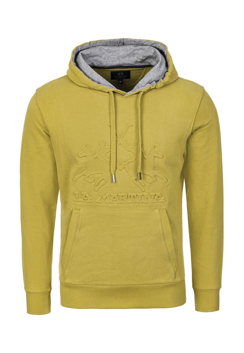 Gul huvtröja med grå insida, med en texturerad logotyp och grafisk design på framsidan. Inkluderar en framficka och dragsnören.