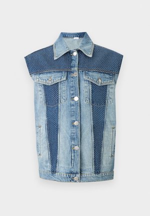 Dongerijakke uten ermer med lys blå kropp og mørkeblå prikkete felt, knappestengning og to frontlommer.