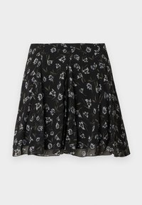 Μαύρη φούστα με πιέτες και λευκό-ελαιώδες λουλουδάτο σχέδιο, ρέον ύφασμα με διακριτική υφή, μεσαίου μήκους σχέδιο.