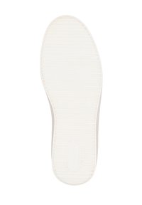 Semelle en caoutchouc blanche avec un grip texturé, présentant des rainures horizontales et un bout arrondi. Surface lisse avec un design épuré.