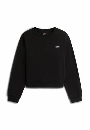 Sort cropped sweatshirt med lange ærmer, ribstrikkede manchetter og lille hvid "tommy jeans"-logo på venstre bryst.