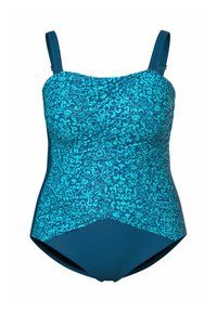 Maillot de bain une pièce en turquoise avec un motif tourbillonnant, bon, ruche, bretelles ajustables et bas de couleur unie. Texture lisse.