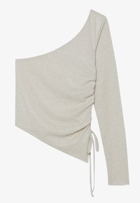 Light beige one-shoulder top with a textured, slightly shiny fabric. Features ruching on the side and a tie detail at the hem.
