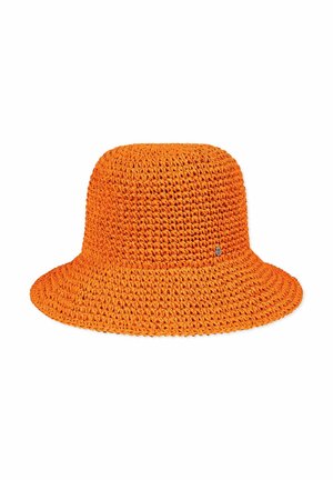 Bright orange crochet bucket hat with wide brim and small metal logo tag on the side.