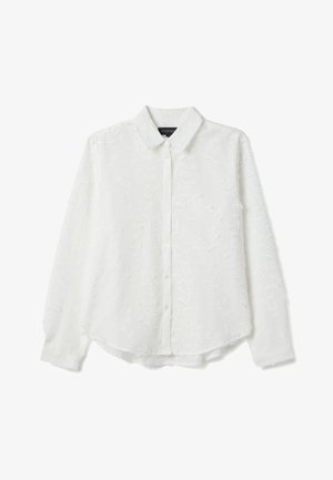 Wit overhemd met lange mouwen, knoopsluiting en bloemrijke borduurselstructuur, met een klassieke kraag, plat weergegeven op een witte achtergrond.