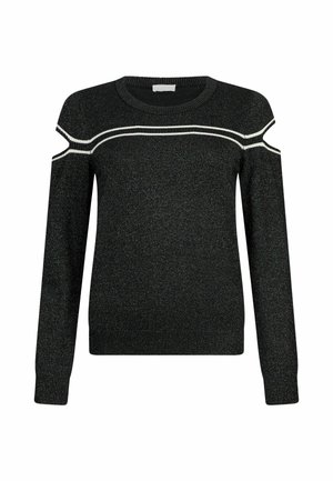 Zwarte trui met een gestructureerde, metallic afwerking. Heeft een ronde hals, open schouderuitsparingen en witte horizontale strepen over de borst.