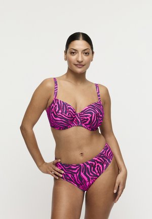 Roze en zwarte zebra print bikini met een beugel-bh top met verstelbare bandjes en bijpassende broekjes met hoge taille.