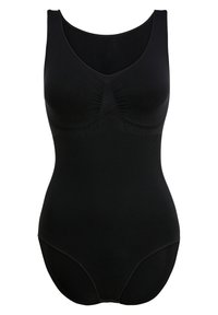 Black bodysuit with a scoop neckline, gathered detailing at the bust, seamless texture, and a snug fit, designed for comfort and support.
