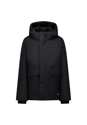 Black winter jacket with hood, front zipper covered by flap, two front pockets with flaps, and one vertical zippered chest pocket.