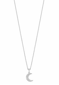 Collana d'argento con catena d'argento, caratterizzata da un pendente a forma di luna crescente decorato con piccoli gemme trasparenti per un effetto scintillante.