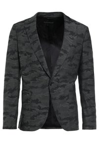 Dunkelgrauer Herrenblazer mit schwarzem Camouflagemuster, Ein-Knopf-Verschluss und gekerbtem Revers, von vorne auf weißem Hintergrund dargestellt.