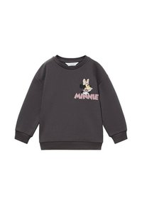 Felpa grigia con collo rotondo, polsini e orlo a costine. Presenta una grafica di Minnie Mouse in rosa e un accento a forma di fiocco. Materiale in misto cotone.