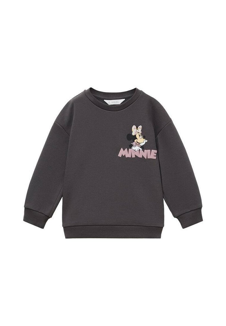 Felpa grigia con collo rotondo, polsini e orlo a costine. Presenta una grafica di Minnie Mouse in rosa e un accento a forma di fiocco. Materiale in misto cotone.