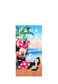 Serviette de plage avec un personnage de dessin animé portant un nœud en pois roses, sur un fond maritime vibrant avec des palmiers et le mot "PARADIS".