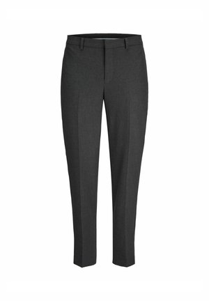 Pantalons gris ajustés en tissu texturé, avec une taille plate, des passants de ceinture et une coupe slim avec une jambe fuselée.