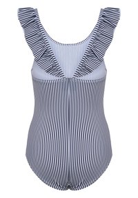 Marinblå och vit randig baddräkt med volangiga axelband, som har en rundad rygg och passformande, slät tyg för komfort.