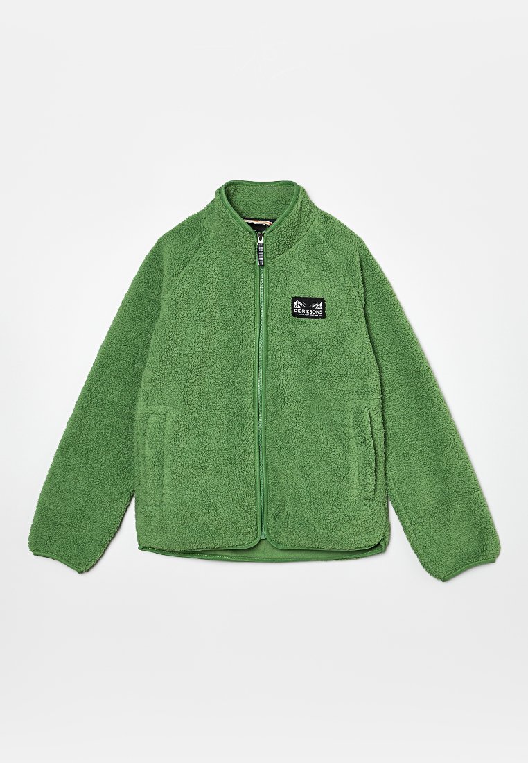 Groene fleece jas met een ritssluiting aan de voorkant, twee zijzakken, een opstaande kraag en een stoffen label op de borst; textiel, zacht materiaal.