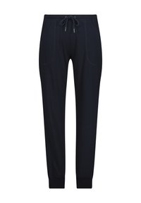 Jogging en bleu marine en tissu doux, avec une taille élastique à lien, deux poches avant et des poignets fuselés.