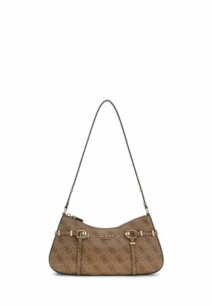 Sac d'épaule Guess marron avec motif monogramme, logo doré et ferrures, sangle étroite ajustable et fermeture éclair sur le dessus.
