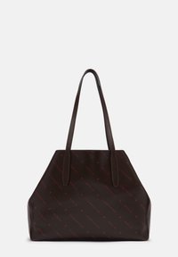 Czarna torba tote ze skóry w kolorze brunatnym z czerwonym wzorem logo, dwoma paskami na ramię i ustrukturyzowanym geometrycznym kształtem. Gładka tekstura i przestronny wnętrze.