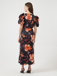 Black floral dress with puffed sleeves, featuring orange and blue flower patterns, cinched waist, and a mid-calf length design.
